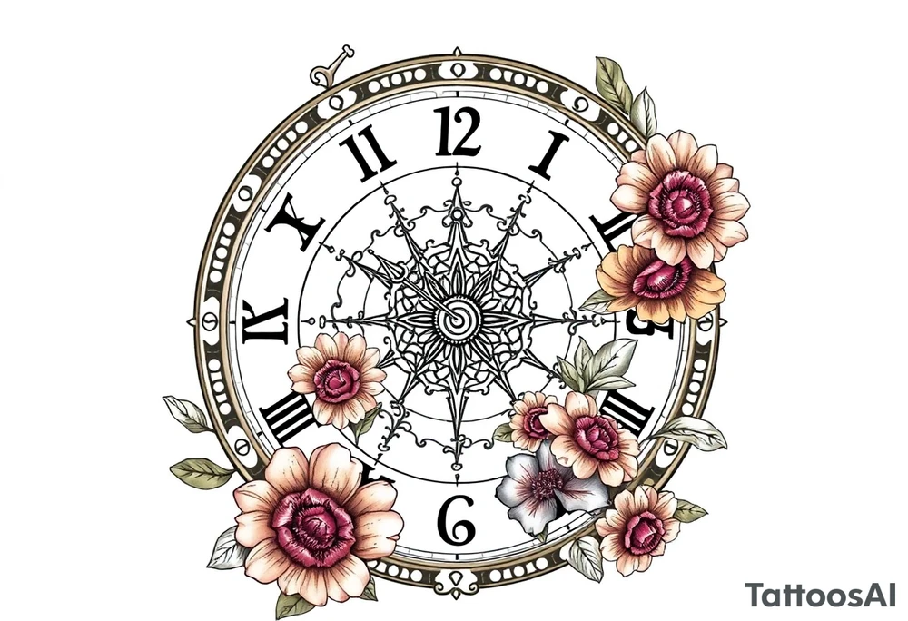 zodiac symbols and Norse runes within ornate clock with roses lilly sunflowers tattoo idea