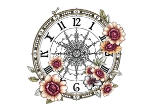 zodiac symbols and Norse runes within ornate clock with roses lilly sunflowers tattoo idea