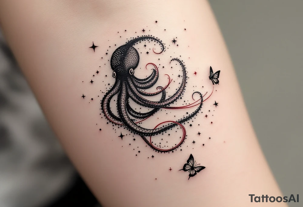 A minimalist dotwork tattoo design in the shape of a spiral galaxy. In the center, a small octopus is subtly integrated into the swirl, with flowing tentacles that extend along the spiral arms. The tentacles transform into elegant, curving lines resembling the flowing tails of koi or betta fish, partially in black ink and partially in fine red lines. Small stars are scattered throughout the galaxy shape, and two delicate butterflies hover near the edges. Style: cosmic abstraction, dotwork, fine line, with elements of Japanese graphic tattoo flow, minimalist, octopus psychedelic dotwork sacred geometry sleeve tattoo idea