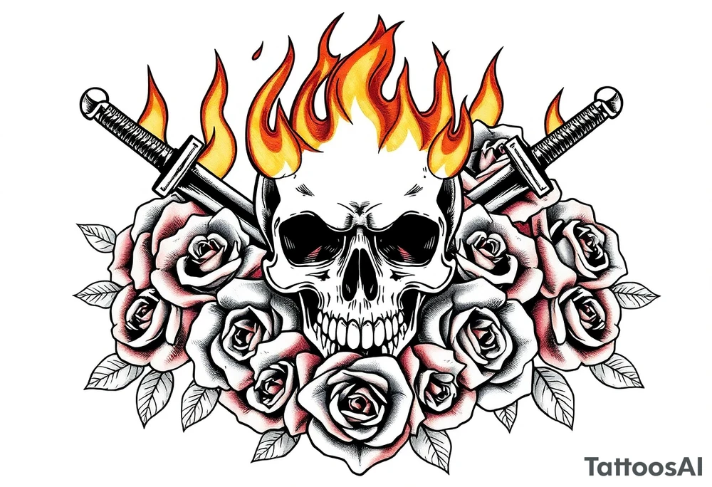 Skull engulfed in flames, crossed swords behind, blooming roses. tattoo idea