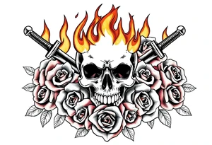 Skull engulfed in flames, crossed swords behind, blooming roses. tattoo idea