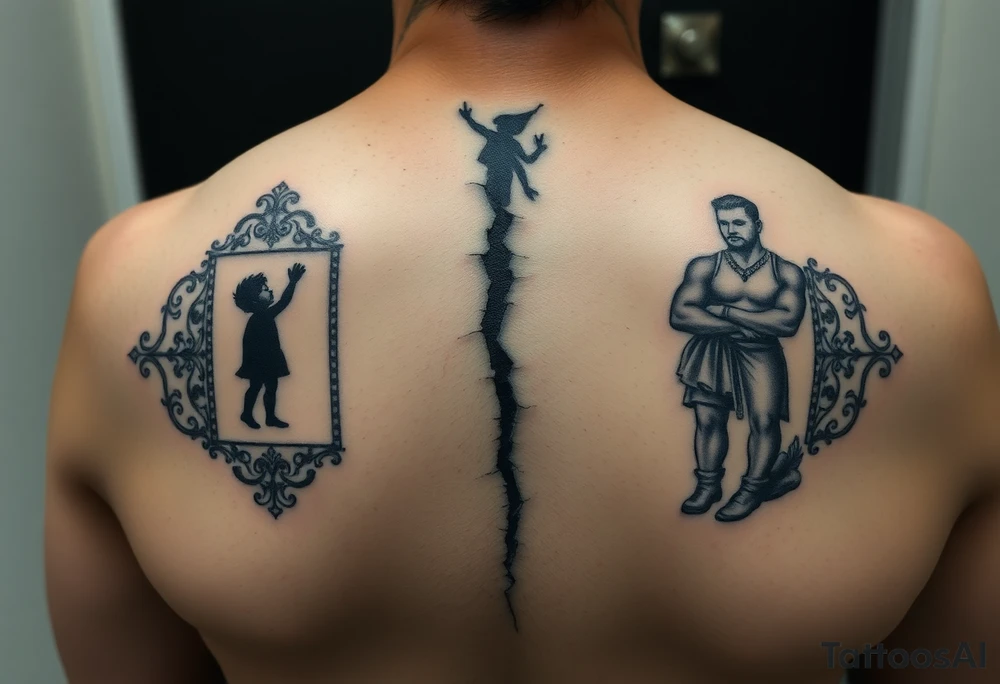 Ornate mirror tattoo with visible crack down the middle, left side reflects small child reaching upward with hopeful gesture, right side reflects strong stoic adult figure, both are silhouettes or semi-abstract figures, geometric frame design, black and grey tattoo, shading shows the transformation between the two selves, upper arm placement, symbolic transformation piece tattoo idea