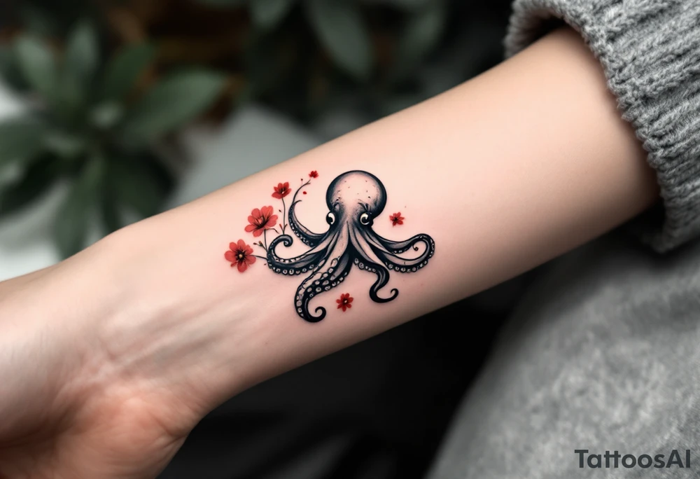 A small realistic black and grey tattoo of an octopus, cute, with detailed shading and soft linework, showing the octopus with swirling tentacles, on light skin. ornamental flowers around with red ink. The style is minimalistic and elegant, resembling fine-line tattoo with a shadow tattoo idea