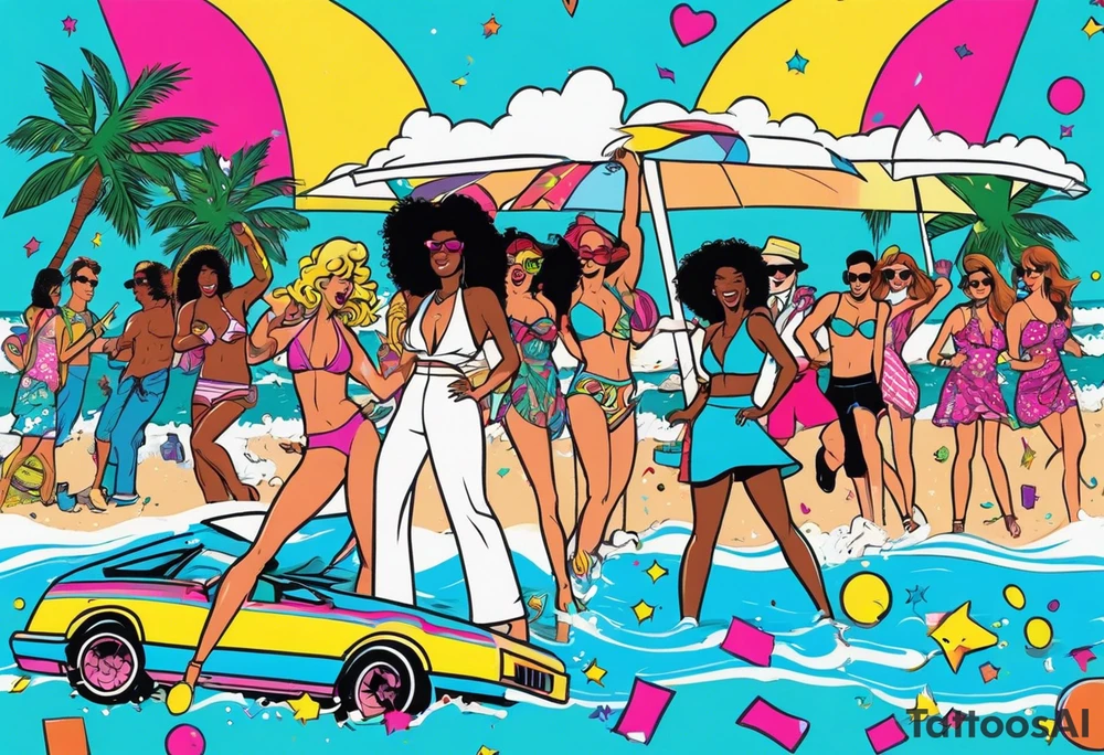 1980's miami vice style beach dance 
party, include confetti, music notes, boom box, bikinis tattoo idea