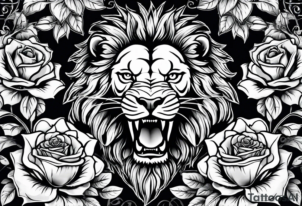 Skulls wrapped in roses with a lion tattoo idea