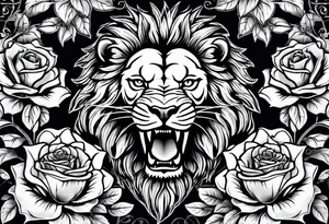 Skulls wrapped in roses with a lion tattoo idea