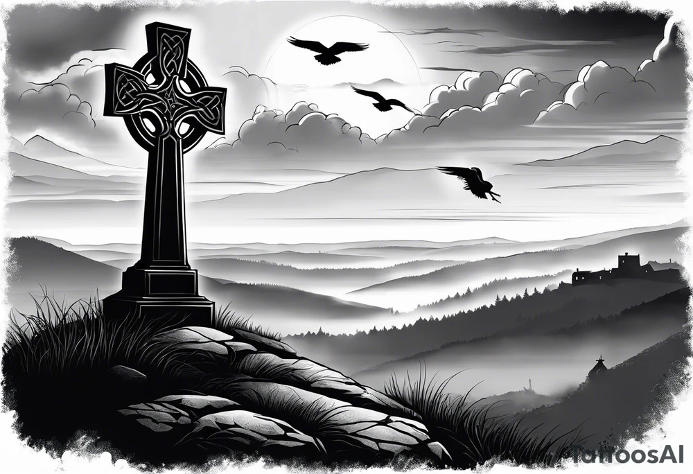 A stone Celtic cross solemnly standing atop a hill, a flock of ravens flies by in the distance. Mist rolls along the hilltops adding to the melancholic nature of the scene tattoo idea