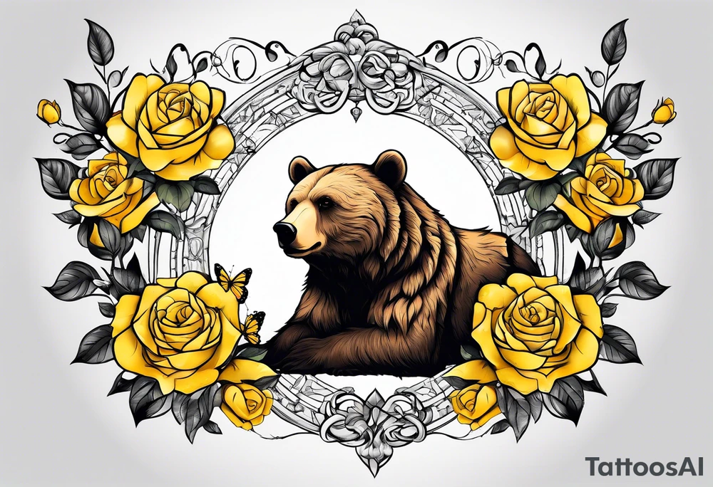 Bear under the tree of life with yellow roses and three butterflies for an upper arm tattoo. tattoo idea