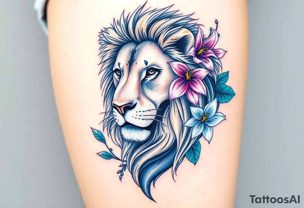 Lion with larkspur and water lilies tattoo idea