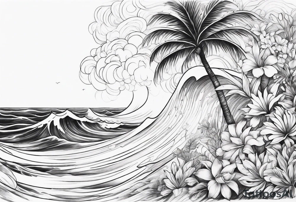 wave,, flower, palm, sea tattoo idea
