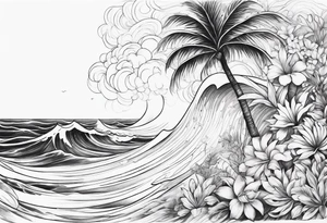 wave,, flower, palm, sea tattoo idea