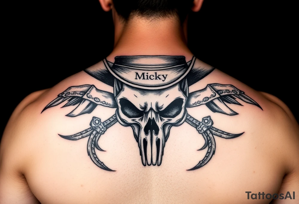 Create a tatoo design for a sleeve  with edelbrock and my boyfriends name  Micky in it and southern cowboy hat skull colors black grey crimson ehite tattoo idea