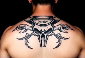 Create a tatoo design for a sleeve  with edelbrock and my boyfriends name  Micky in it and southern cowboy hat skull colors black grey crimson ehite tattoo idea