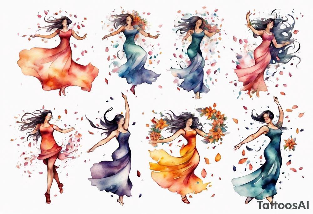 One Very feminine woman dancing in a wind of flower petals tattoo idea