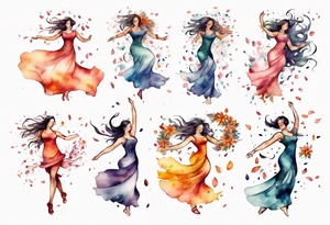 One Very feminine woman dancing in a wind of flower petals tattoo idea