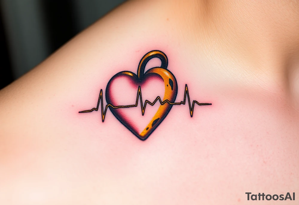 A heartbeat flowing into a heart lock, painted in golden yellow with metallic touches, symbolizing eternal commitment. tattoo idea