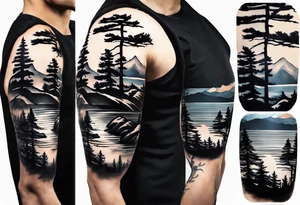 Sleeve tattoo windswept pine tree before lake with low cliff face on another side of lake. Mastiff silhouette in the foreground. with a dock coming out from the shore tattoo idea