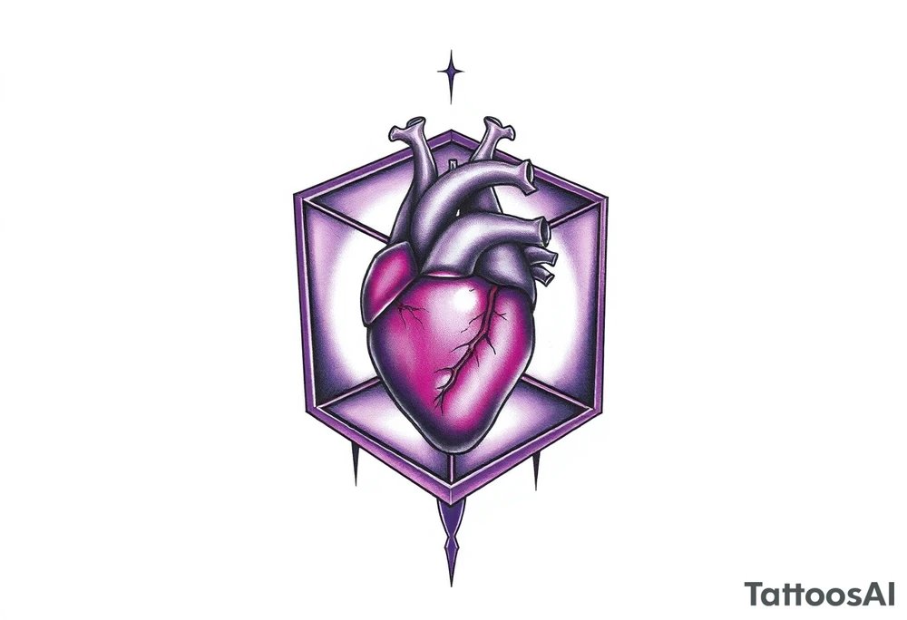 A purple cube with an anatomical heart inside tattoo idea