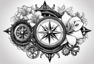 A Vintage compass and gears with gladiolus. tattoo idea