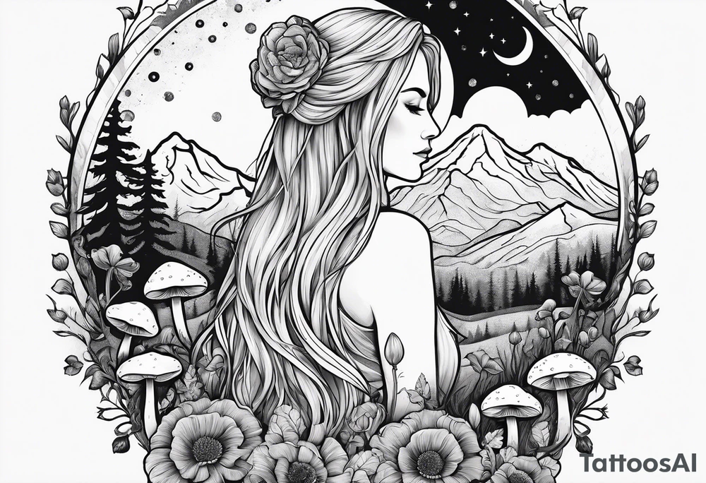 Blonde long straight hair older woman no face surrounded by mushrooms facing mountains crescent moon background tattoo idea