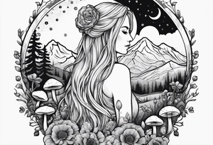 Blonde long straight hair older woman no face surrounded by mushrooms facing mountains crescent moon background tattoo idea