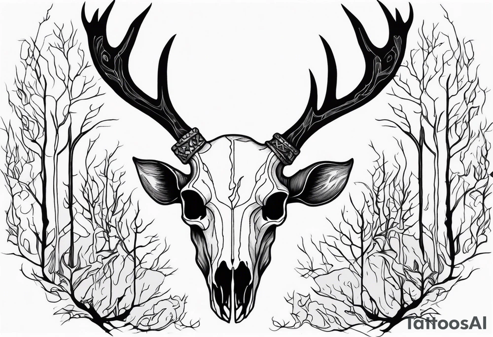 Halloween side view of a DECAYING deer skull JUST BONE surrounded by a flames and trees in background tattoo idea