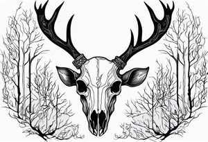 Halloween side view of a DECAYING deer skull JUST BONE surrounded by a flames and trees in background tattoo idea