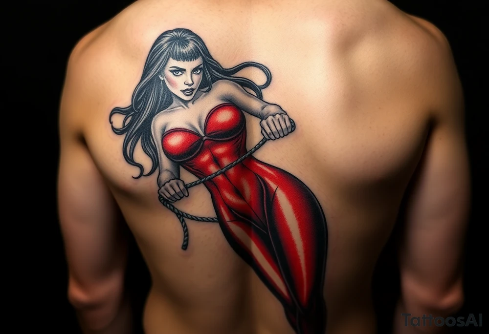 powerful female dominatrix in red latex catsuit with her submissive bound by rope tattoo idea