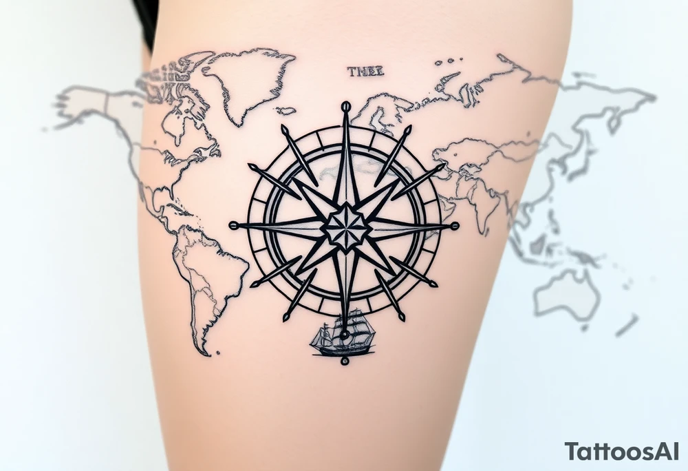 antique compass rose overlaid on weathered world map with sailing ships tattoo idea