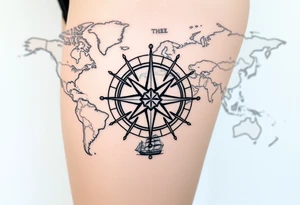antique compass rose overlaid on weathered world map with sailing ships tattoo idea