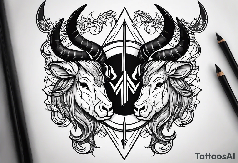 Half Taurus symbol Half Gemini symbol, split down the middle by an arrow. Astrology tattoo idea