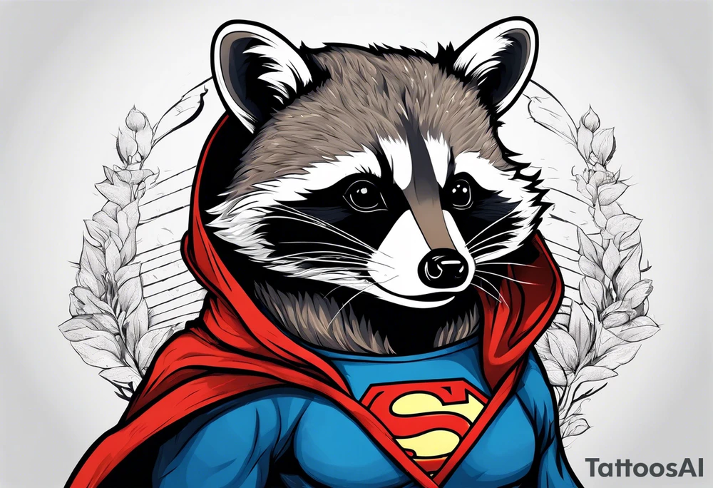 raccoon wearing a Superman hoodie tattoo idea