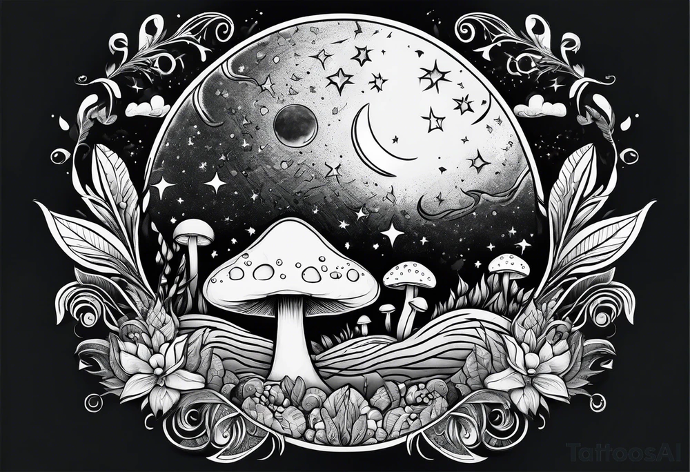 moon with crystals, mushrooms tattoo idea