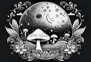 moon with crystals, mushrooms tattoo idea