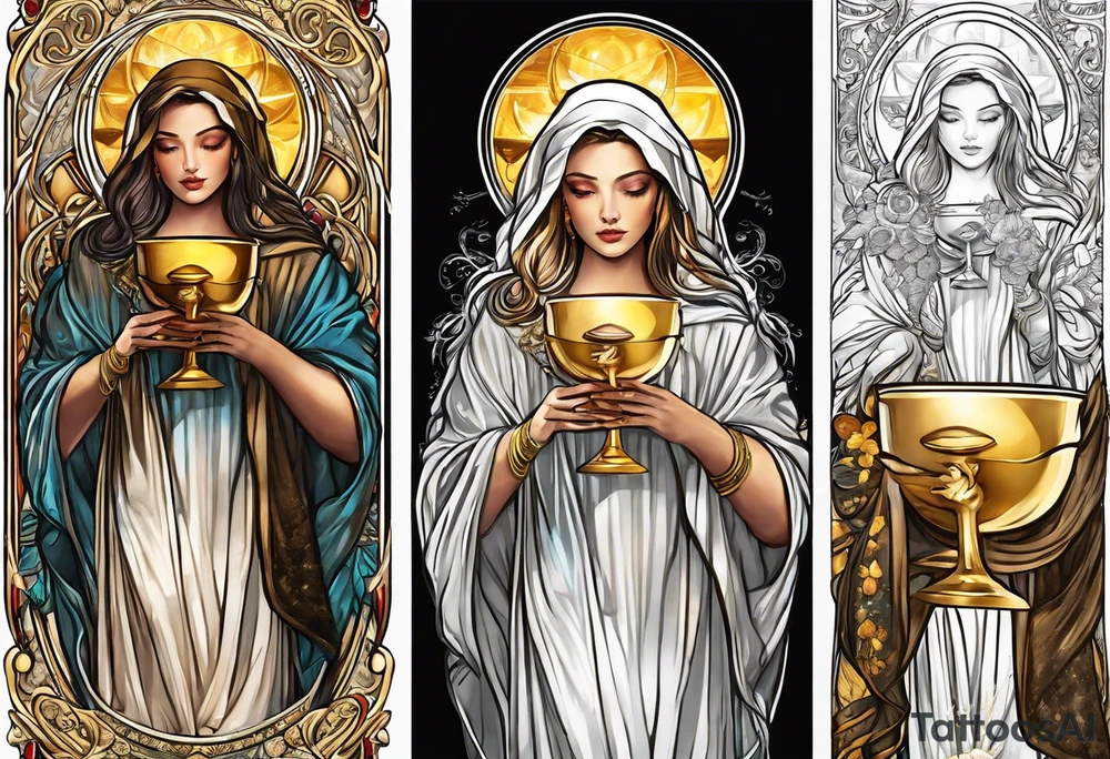 holy saint woman turned away with golden halo holding a chalice tattoo idea