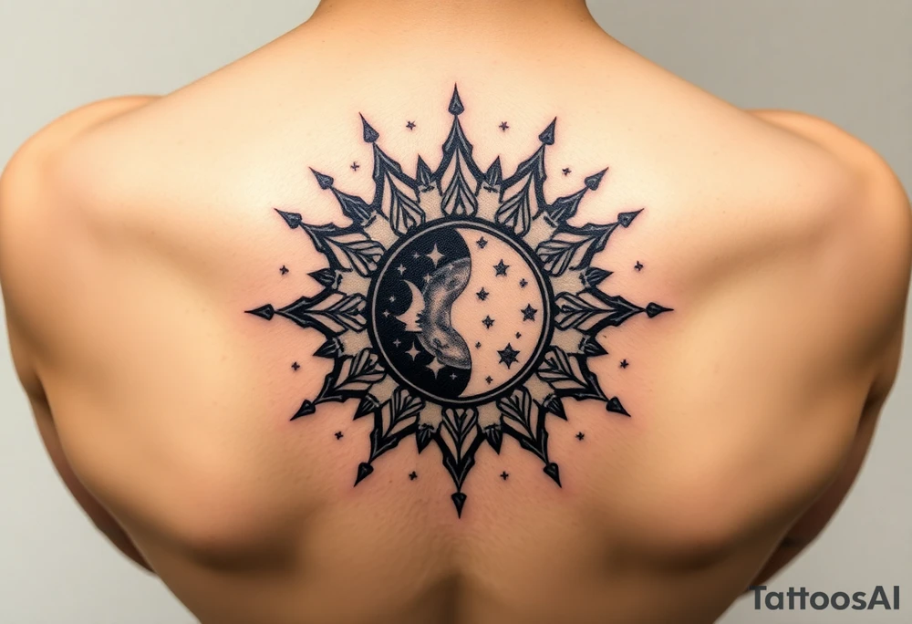 celestial sun and moon embrace with constellation patterns tattoo idea
