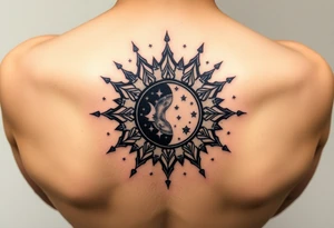 celestial sun and moon embrace with constellation patterns tattoo idea