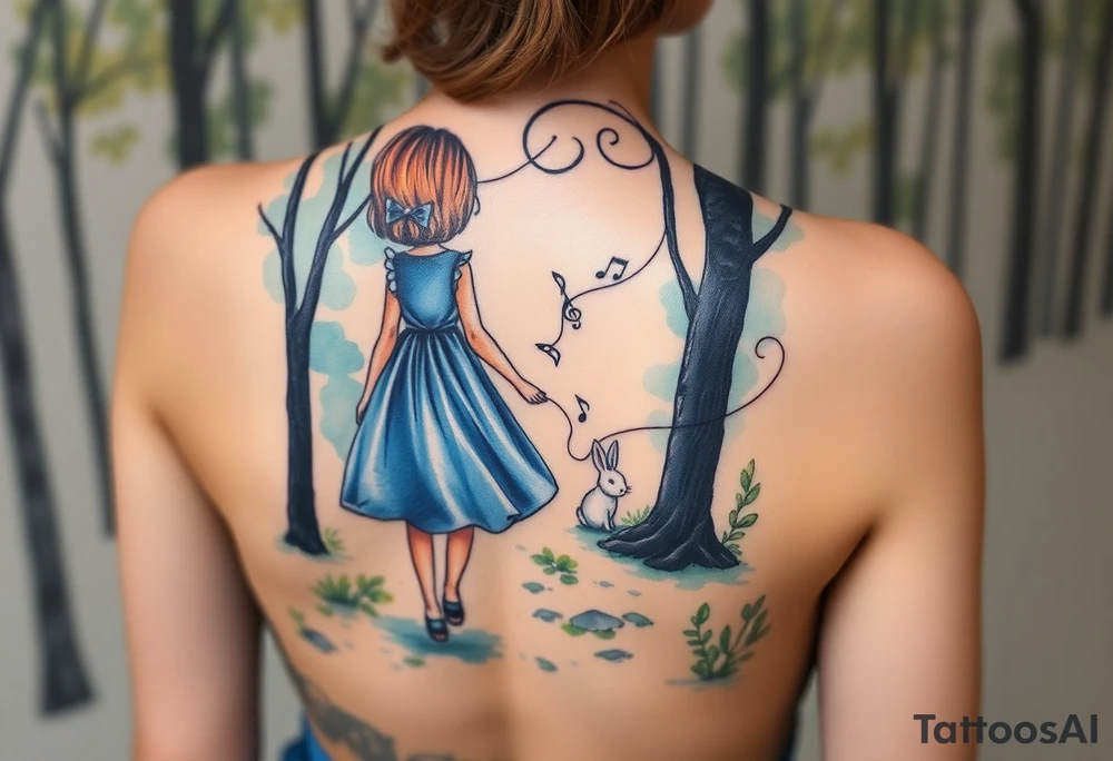 Back view of a girl in a blue dress walking in a forest following a small white rabbit. A swril with music notes. A pocket watch on top of the scene, falling amongst the trees tattoo idea
