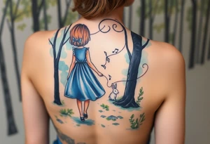 Back view of a girl in a blue dress walking in a forest following a small white rabbit. A swril with music notes. A pocket watch on top of the scene, falling amongst the trees tattoo idea