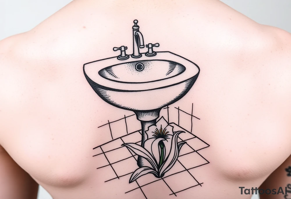 bathroom sink on tile floor with lily coming up out of the floor tattoo idea