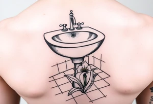 bathroom sink on tile floor with lily coming up out of the floor tattoo idea