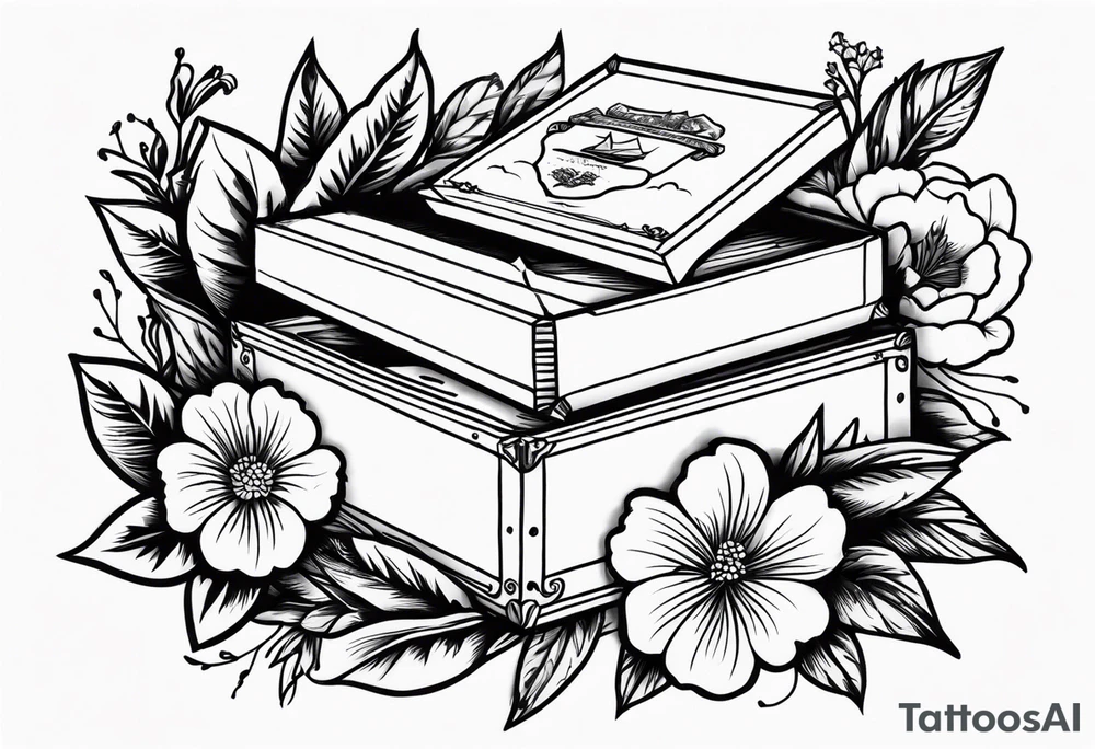 An sailor Jerry style tattoo of a vintage cigar box surrounded by traditional flowers tattoo idea