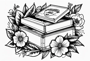 An sailor Jerry style tattoo of a vintage cigar box surrounded by traditional flowers tattoo idea
