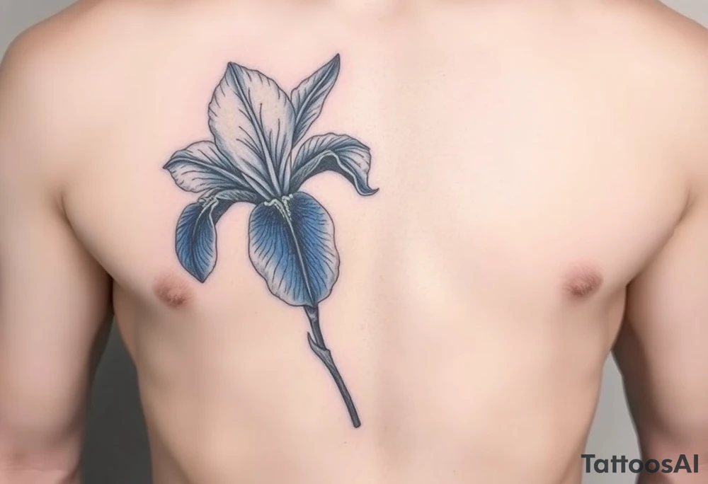 Bouquet of blue iris flower in the style of Van Gogh. One petal falling and one upright. Tattoo is to be on abdomen. tattoo idea