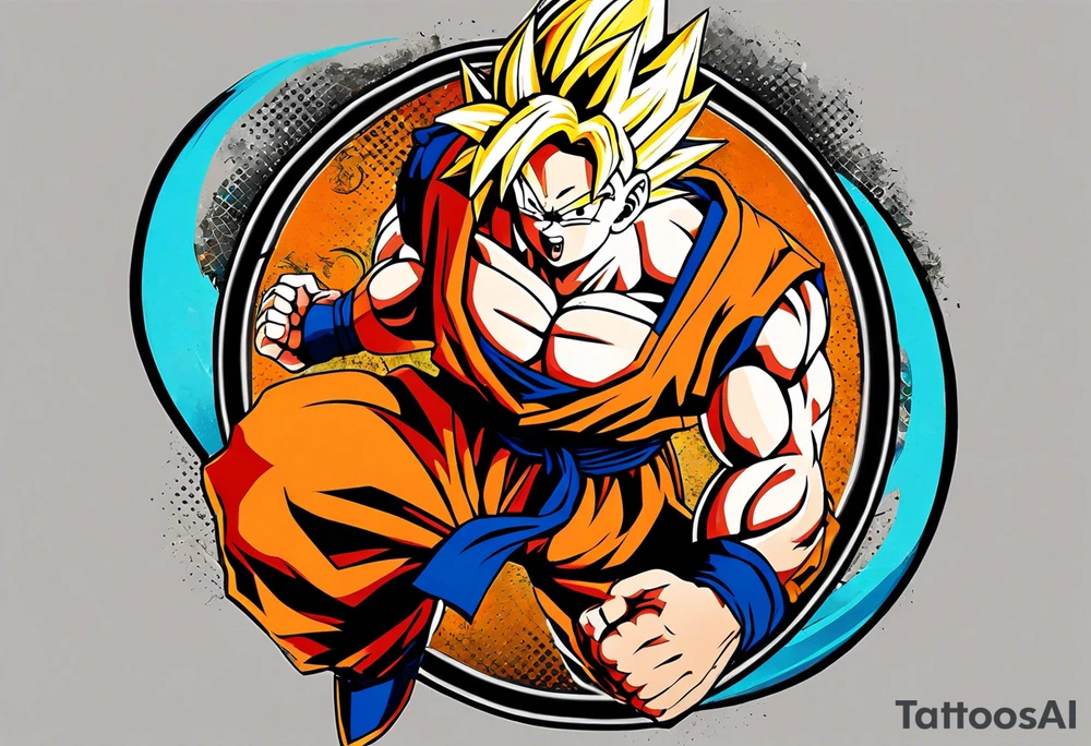 An anime-style tattoo of a character from Dragon Ball, depicted in a dynamic and powerful pose. The character’s unique traits and expressive details are highlighted to capture their personality and strength. This design embodies the intense, iconic anime style that Dragon Ball is known for, with vibrant colors and strong lines tattoo idea