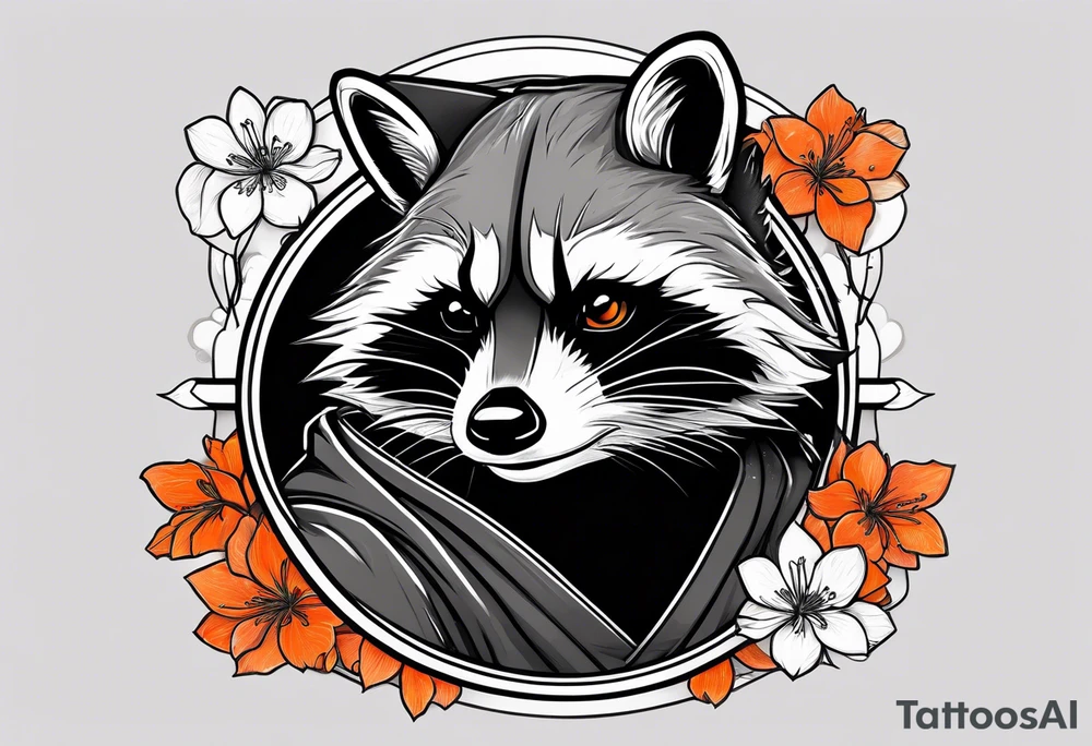 Raccoon wearing a white Superman logo on a black hoodie and orange Japanese cherry blossoms tattoo idea
