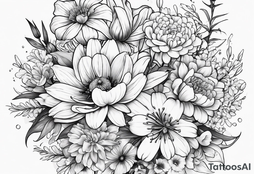Bouquet of lilies, marigolds, cosmos, and asters tattoo idea