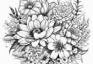 Bouquet of lilies, marigolds, cosmos, and asters tattoo idea