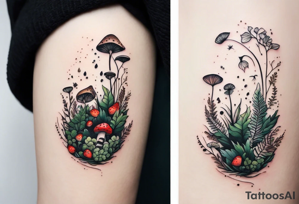 forest floor inspired minimalist tattoo, which includes grass, curly ferns, moss and dead leaves as the bulk of the tattoo. details to include: three very tiny strawberries, a tiny bumblebee flying nearby, three small brown mushrooms
Generate a vertically long one tattoo idea