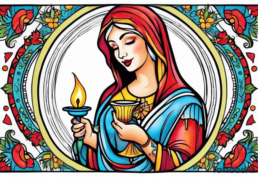 virgin maria holds 1 candle in her hand, tattoo should be full color tattoo idea